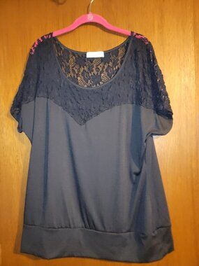 Impressions 3x Black Lace Shirt Ladies Sheer Y2K Short Sleeve Banded Bottom